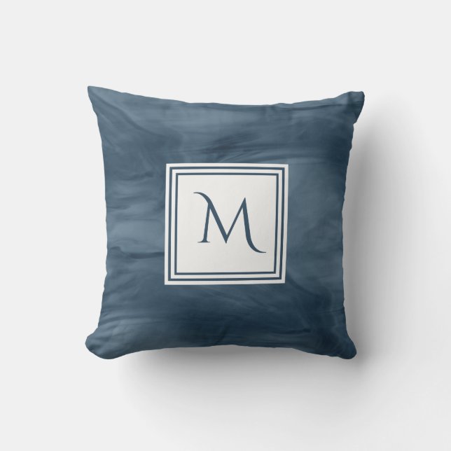 Simple Navy Blue Subtle Marble Modern Monogram Cushion (Front)
