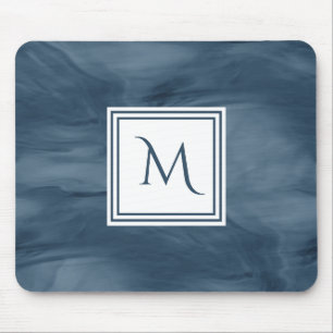 Simple Navy Blue Subtle Marble Modern Monogram Mouse Mat