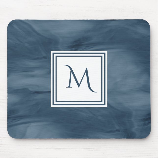 Simple Navy Blue Subtle Marble Modern Monogram Mouse Mat (Front)