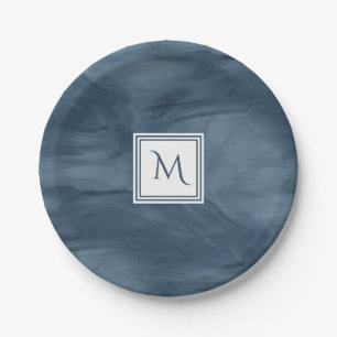 Simple Navy Blue Subtle Marble Modern Monogram Paper Plate
