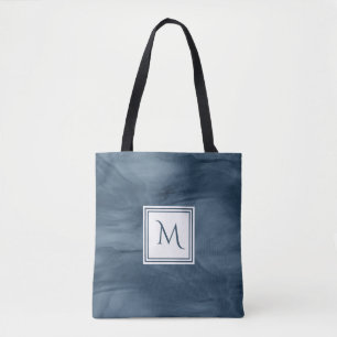 Simple Navy Blue Subtle Marble Modern Monogram Tote Bag
