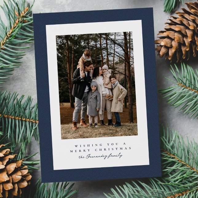 Simple navy blue tweed frame Christmas photo Holiday Card (Creator Uploaded)