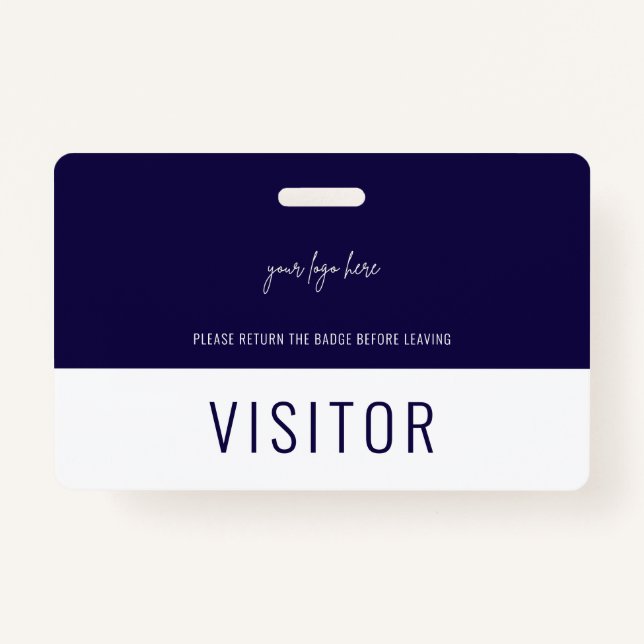 Simple Navy Blue Visitor Pass Company Logo ID Badge (Front)