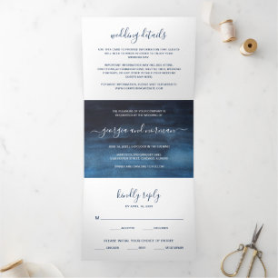 Simple Navy Blue Watercolor Modern Wedding Tri-Fold Invitation