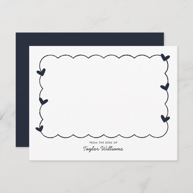 Simple Navy Blue Wavy Border Heart Stationery Card (Front/Back)