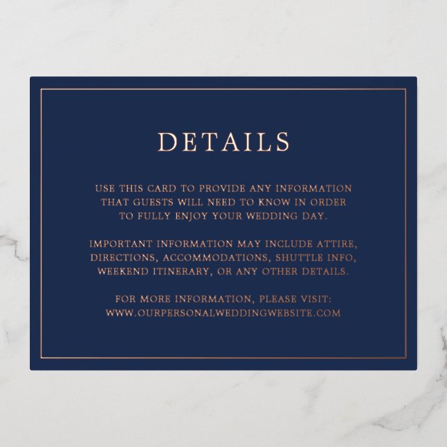 Simple Navy Blue Wedding Foil Enclosure Card (Front)