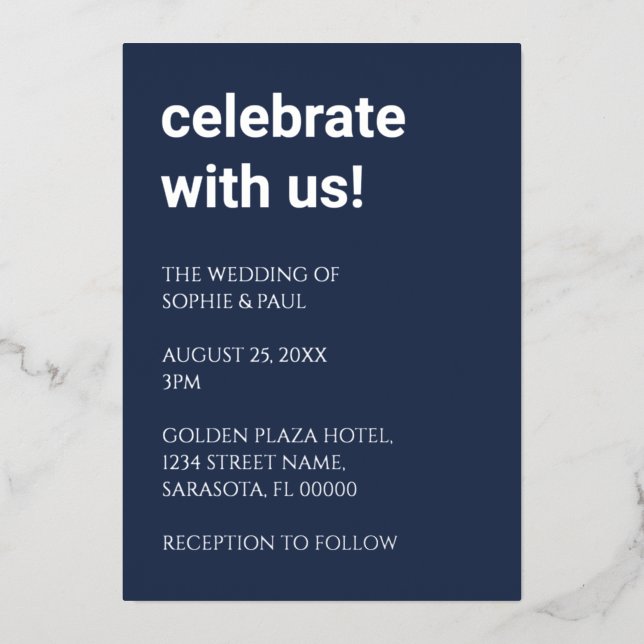 Simple Navy Blue Wedding Foil Invitation (Front)