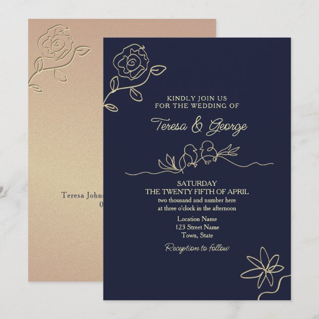 Simple Navy Blue Wedding Invitation (Front/Back)