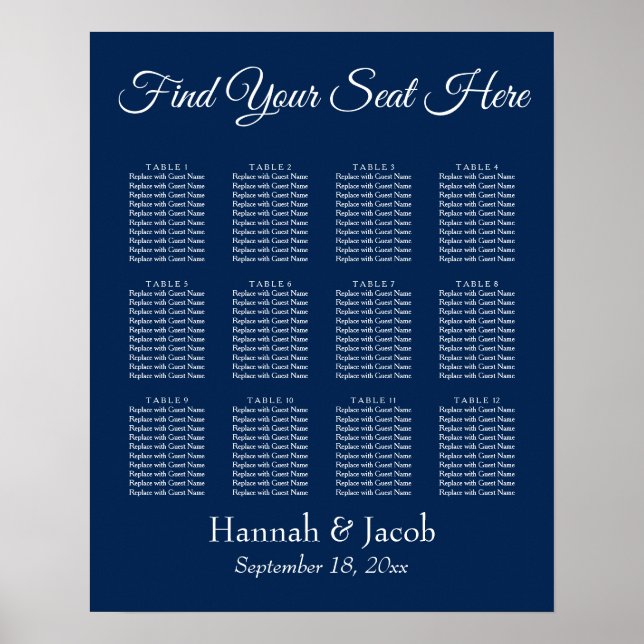 Simple Navy Blue Wedding Reception Seating Chart (Front)