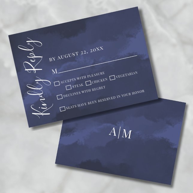 Simple Navy Blue Wedding RSVP Card (Elegant Watercolor Navy Blue Wedding RSVP Card)