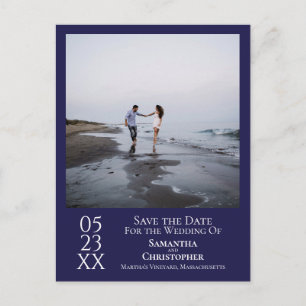 Simple Navy Blue Wedding Save the Date Photo Postcard