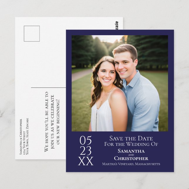 Simple Navy Blue Wedding Save the Date Photo Postcard (Front/Back)