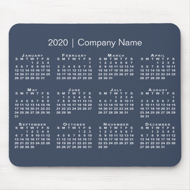 Simple Navy Blue White 2020 Calendar Company Name Mouse Mat (Front)
