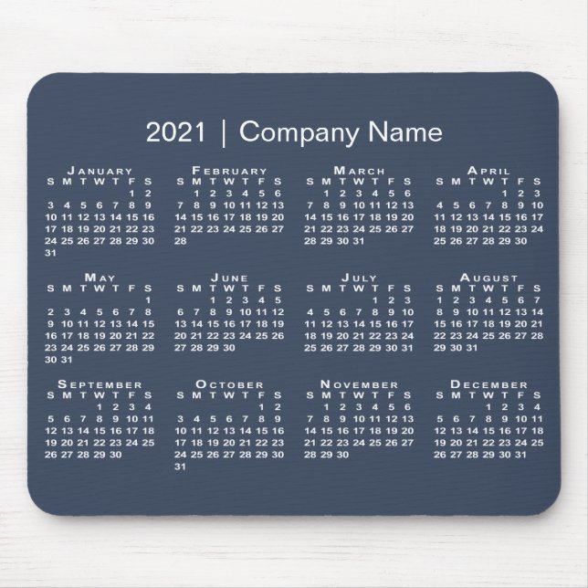Simple Navy Blue White 2021 Calendar Company Name Mouse Mat (Front)