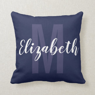 Simple Navy Blue White Hand Script Monogram Cushion