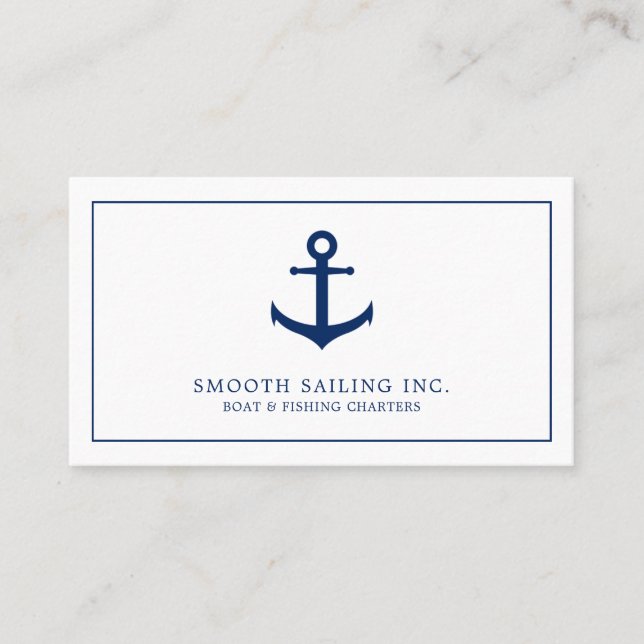 Simple Navy Blue White Nautical Anchor Business Card (Front)