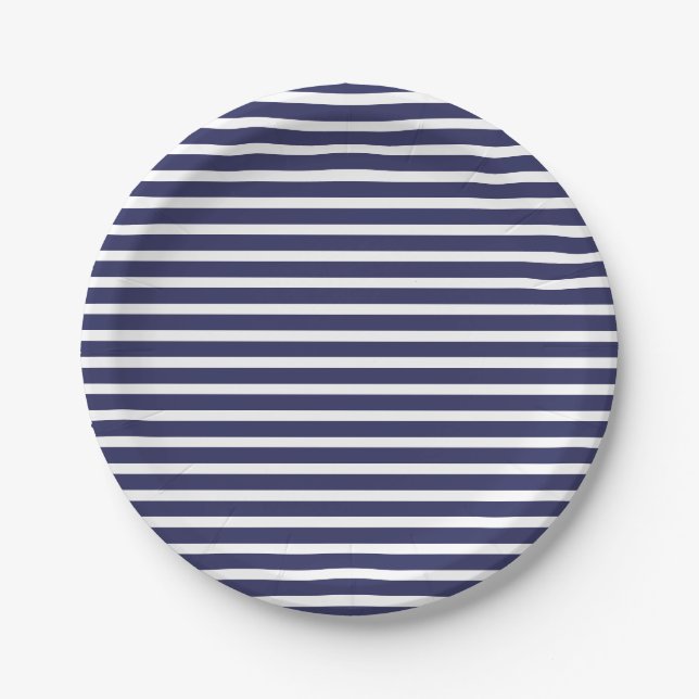 Simple Navy Blue White Stripes Pattern Paper Plate (Front)