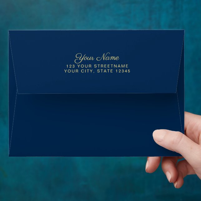 Simple Navy Blue With Return Address in Gold Envelope (Hand)