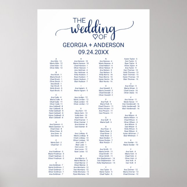 Simple Navy Calligraphy Alphabetical Seating Chart (Front)