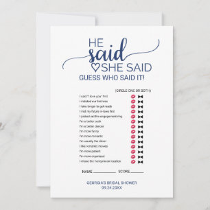 Simple Navy Calligraphy He Said She Said Game Card