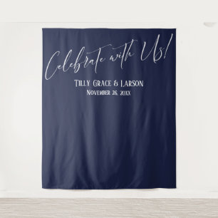 Simple Navy Celebrate with Us! Photo Backdrop Tapestry