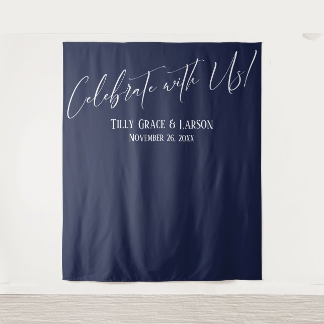 Simple Navy Celebrate with Us! Photo Backdrop Tapestry (Front)