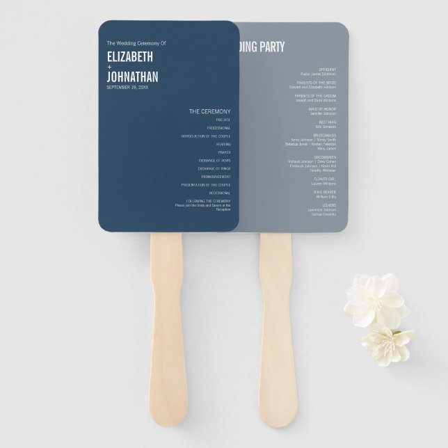 Simple Navy Dusty Blue Typography Wedding Program Hand Fan (Front and Back)