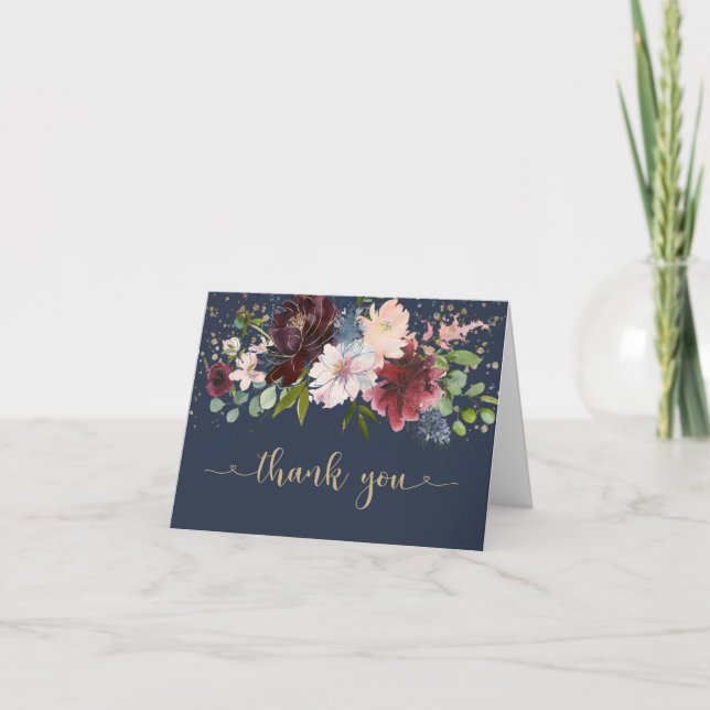 Simple Navy Gold Burgundy Floral Baby Thank You Card (Front)