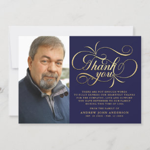Simple Navy & Gold Calligraphy Funeral   Thank You Card