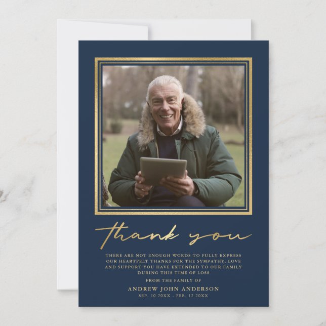 Simple Navy & Gold Calligraphy Photo Funeral Thank You Card (Front)