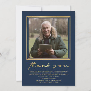 Simple Navy & Gold Calligraphy Photo Funeral Thank You Card