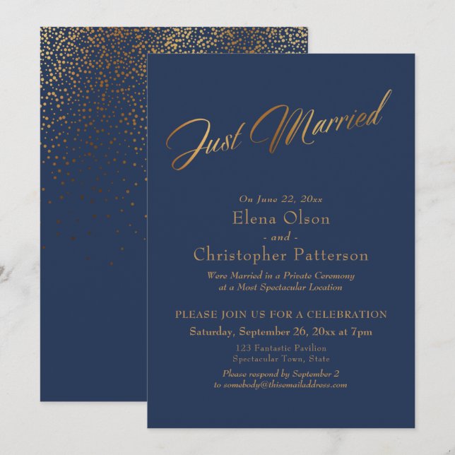 Simple Navy & Gold Just Married Script Confetti Invitation (Front/Back)