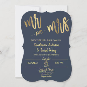 Simple Navy Gold Script Mr and Mrs Wedding Invitation