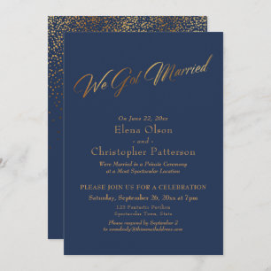 Simple Navy & Gold We Got Married Script Confetti Invitation