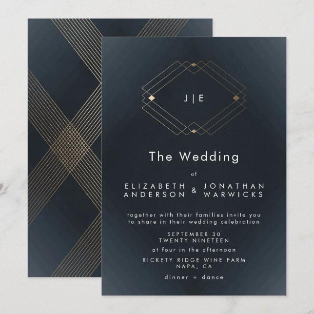Simple Navy Modern Geometric Gold Wedding Invitation (Front/Back)