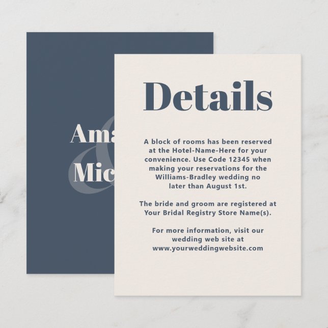 Simple Navy Modern Minimalist Wedding Details Enclosure Card (Front/Back)