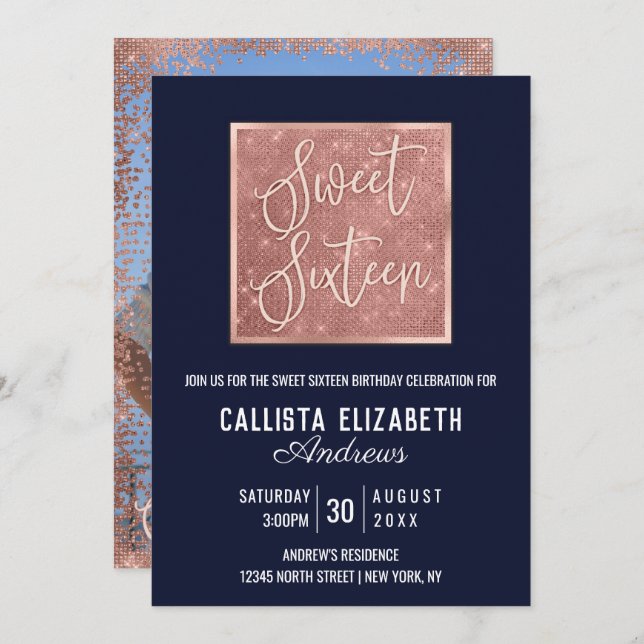 Simple Navy Rose Gold Glitter Geo Photo Sweet 16 Invitation (Front/Back)