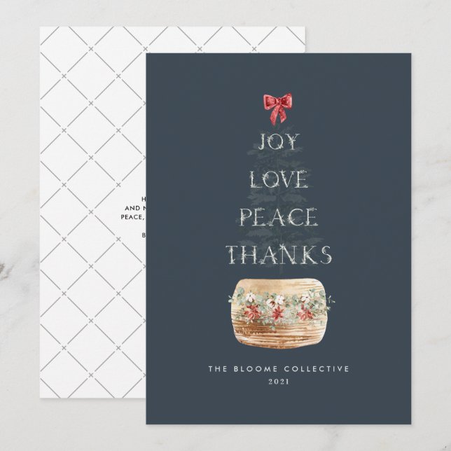 Simple Navy Silver Christmas Tree Typography Holiday Card (Front/Back)