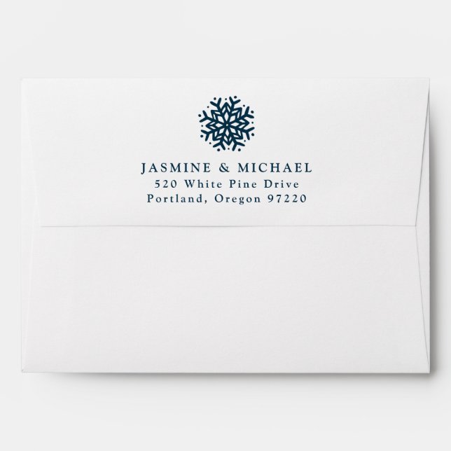 Simple Navy Snowflake Wedding Return Address Envelope (Back (Top Flap))