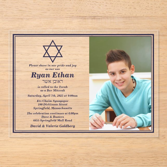 Simple Navy Star of David Photo Bar Mitzvah Acrylic Invitations (Front)
