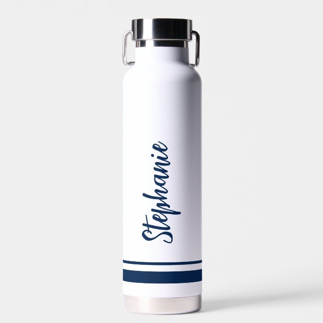 Simple Navy Stripes White Wedding Water Bottle (Front)