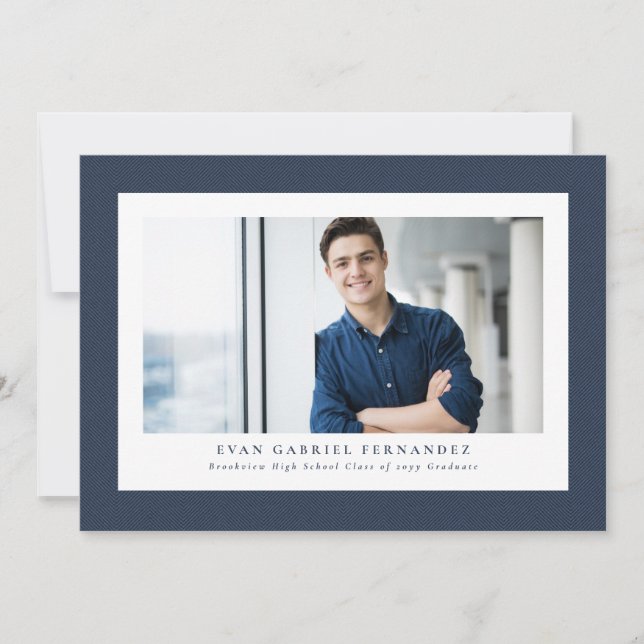 Simple navy tweed frame classic photo graduation announcement (Front)