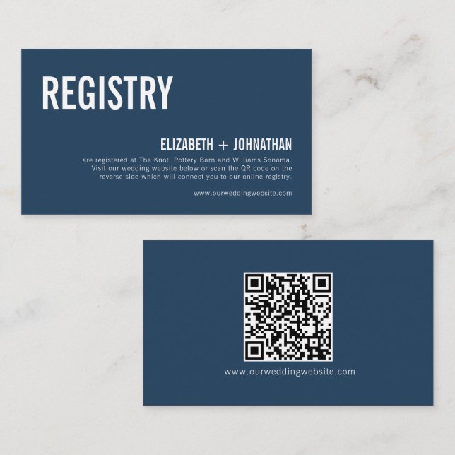 Simple Navy Typography Wedding Registry QR Code Enclosure Card (Front/Back)