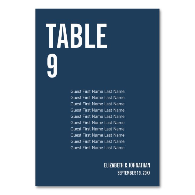Simple Navy Typography Wedding Seating Chart Table Number (Front)