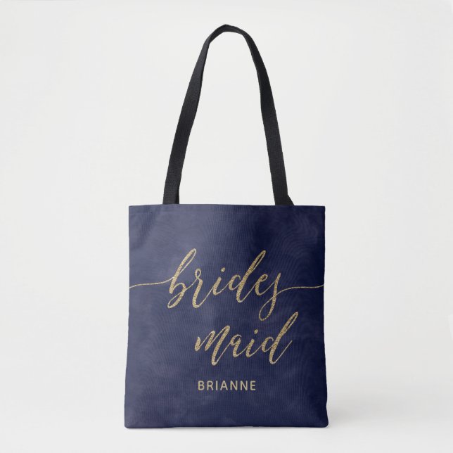 Simple Navy Watercolor & Gold Bridesmaid Monogram Tote Bag (Front)
