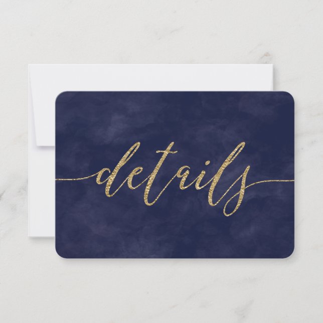 Simple Navy Watercolor & Gold Foil Wedding Details Invitation (Front)