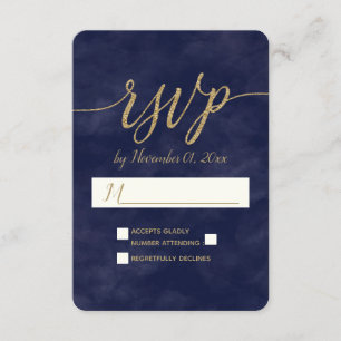 Simple Navy Watercolor & Gold Foil Wedding RSVP Card
