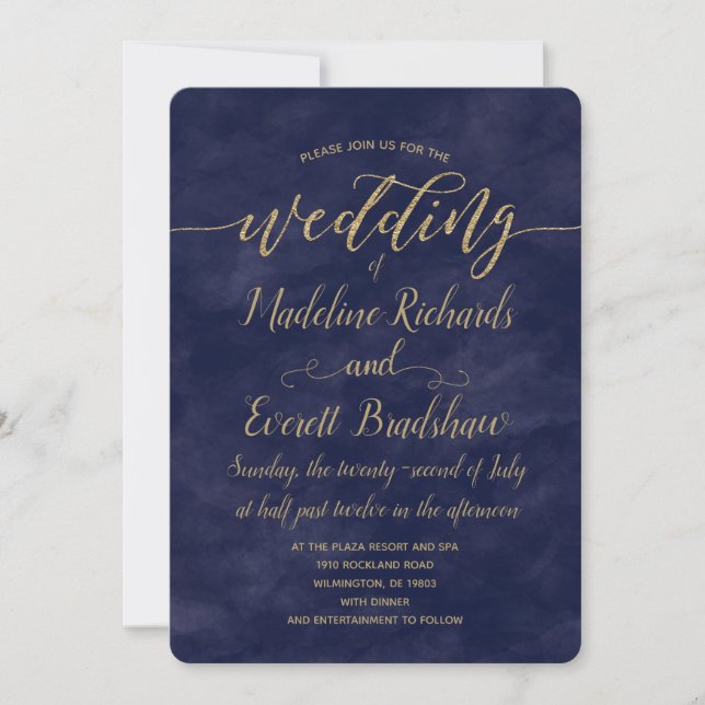 Simple Navy Watercolor & Gold Wedding Invitation (Front)