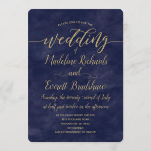Simple Navy Watercolor & Gold Wedding Invitation