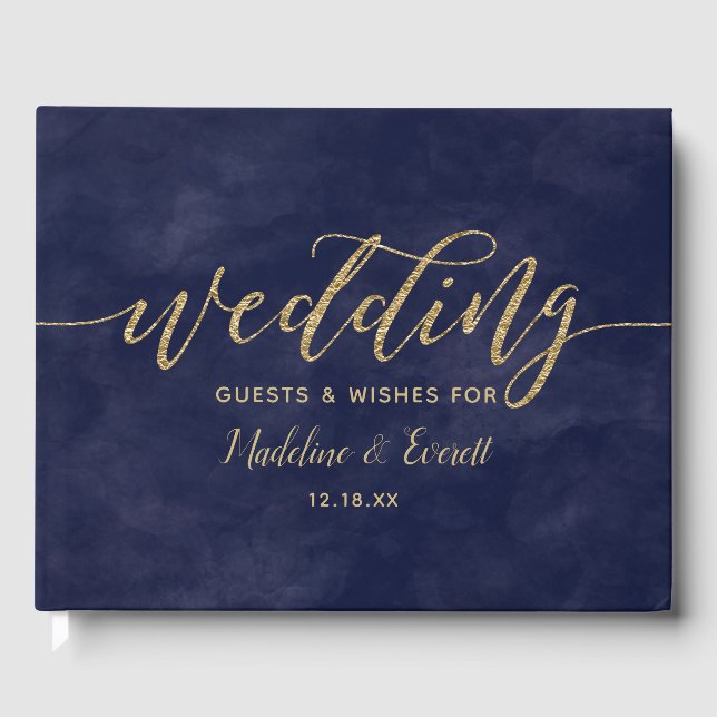 Simple Navy Watercolor & Gold Wedding Monogram Guest Book (Front)